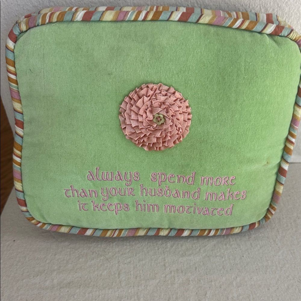 Source Unknown Green and Pink Decorative Pillow with Floral Accent